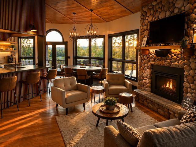 Great room and stone fireplace at golden hour