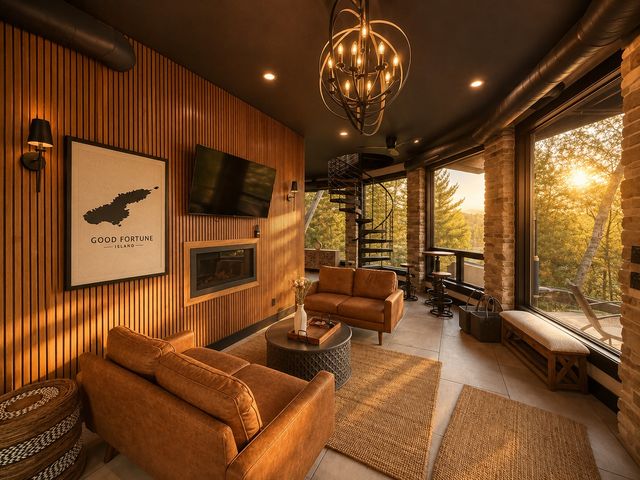 Lower lounge with fireplace and spiral stair