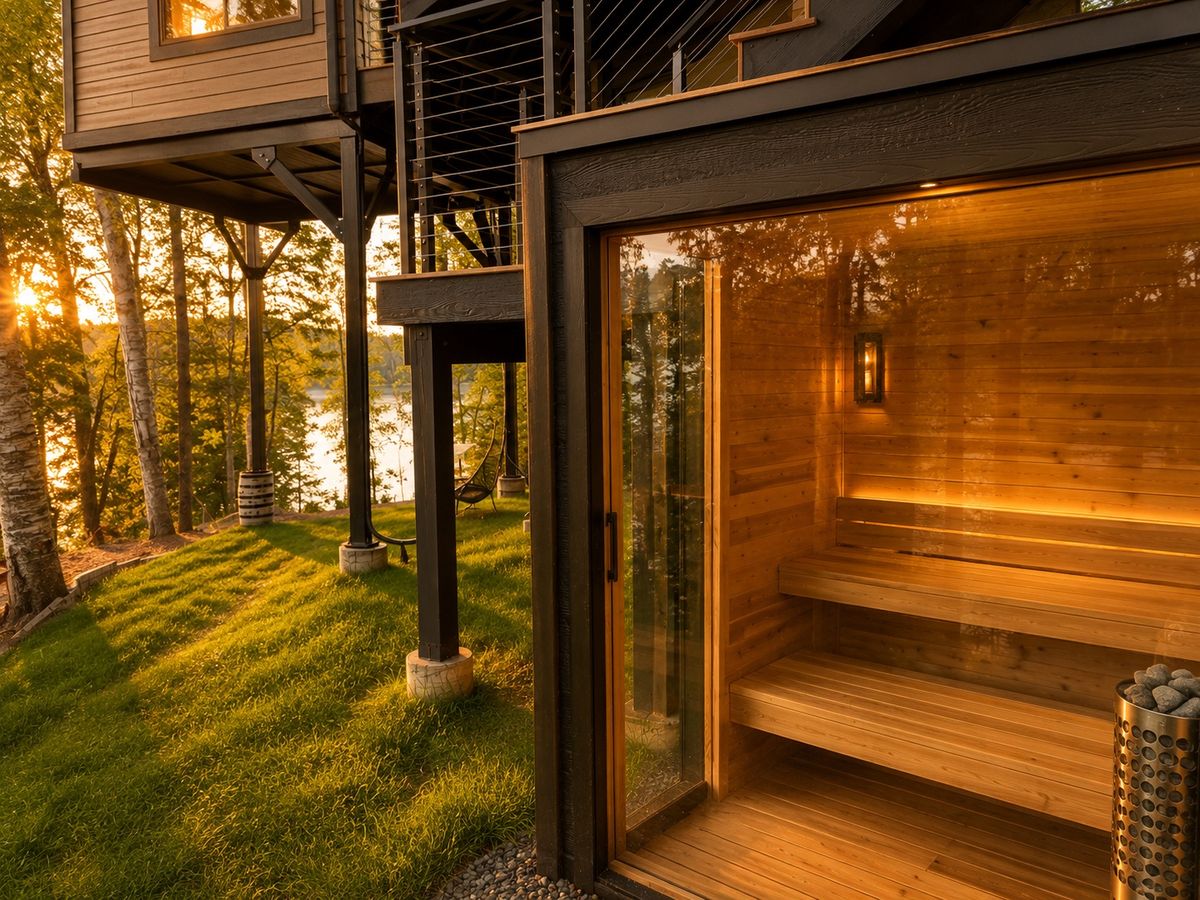 Glass-walled sauna on the south ridge at sunset