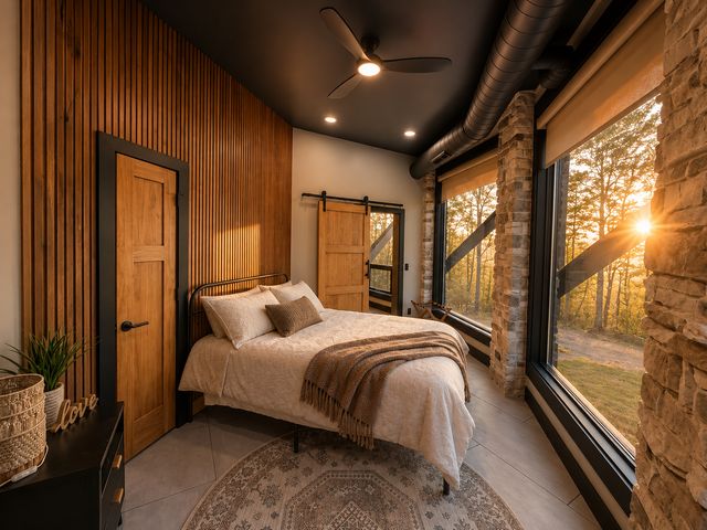 Sunrise Suite, queen bed with a tan throw